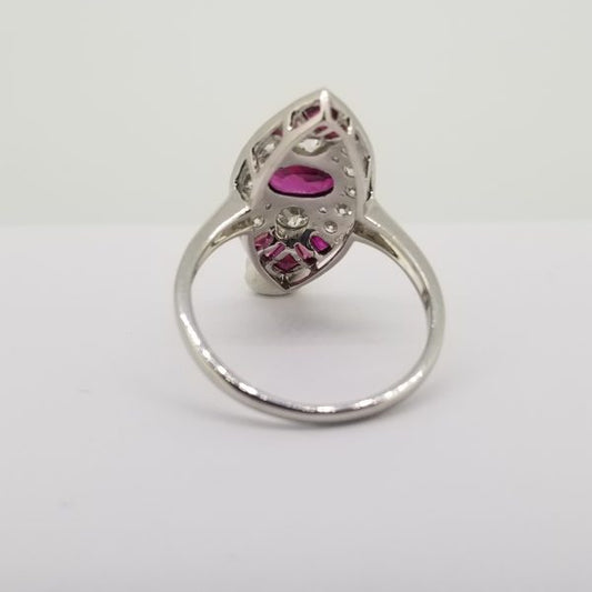 Ruby and Diamond Marquise Shaped Cluster Navette Ring in Platinum