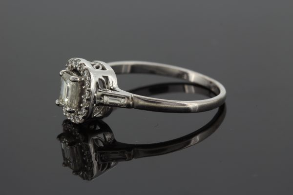 0.52ct Emerald Cut Diamond Cluster Ring with baguette shoulders in 18ct White Gold