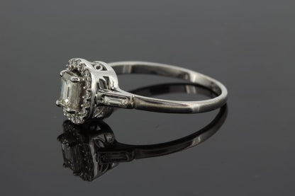 0.52ct Emerald Cut Diamond Cluster Ring with baguette shoulders in 18ct White Gold