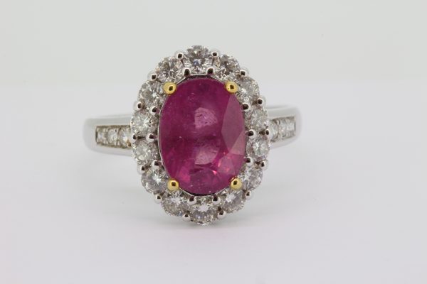 Pink Sapphire and Diamond Oval Cluster Ring in 18ct White Gold