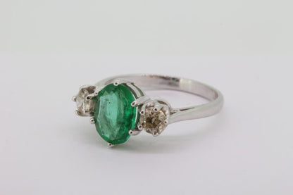 1.45ct Emerald and Diamond Three Stone Ring in 18ct White Gold