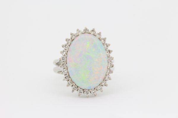 Vintage Opal and Diamond Oval Cluster Ring in 18ct White Gold