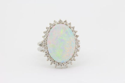 Vintage Opal and Diamond Oval Cluster Ring in 18ct White Gold
