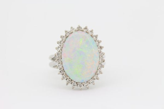 Vintage Opal and Diamond Oval Cluster Ring in 18ct White Gold