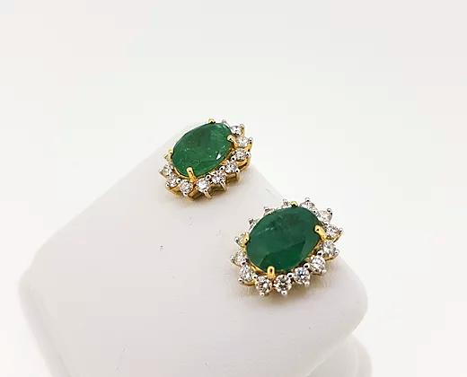 Emerald and Diamond Cluster Stud Earrings, 5.84cts, 18ct Yellow Gold