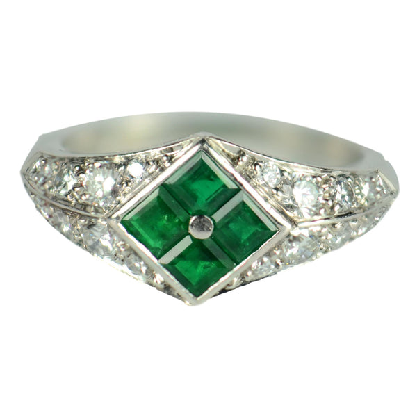 Emerald and Diamond Checkerboard Platinum Dress Ring