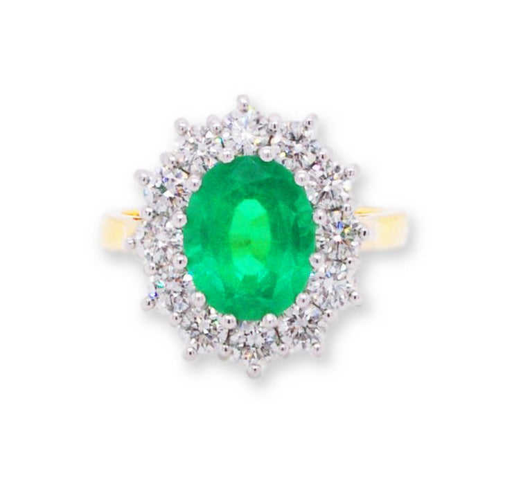 Oval Cut Emerald and Diamond Cluster Ring, 3.74 carat total, 18ct Gold