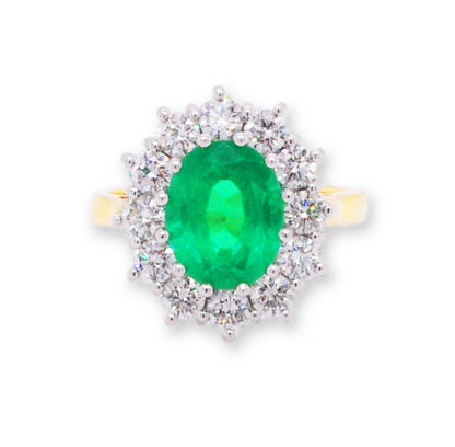 Oval Cut Emerald and Diamond Cluster Ring, 3.74 carat total, 18ct Gold