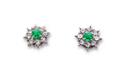 Colombian Emerald and Diamond Cluster Stud Earrings, 18ct White Gold