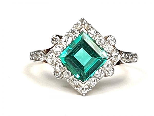 Antique Art Deco Emerald and Diamond Square Cluster Ring