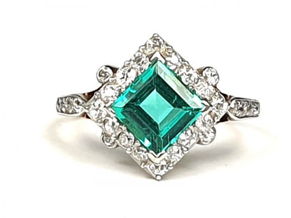 Antique Art Deco Emerald and Diamond Square Cluster Ring