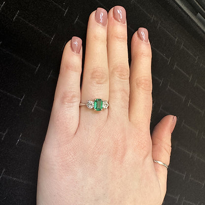 0.92ct Emerald and Diamond Three Stone Ring in Platinum