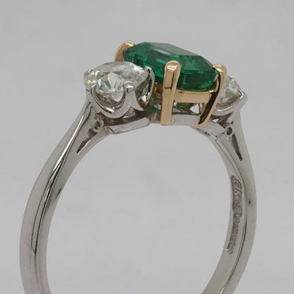 0.92ct Emerald and Diamond Three Stone Ring in Platinum