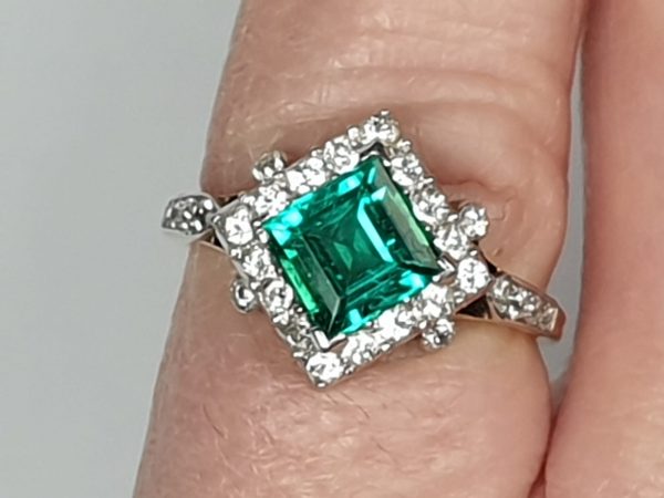 Antique Art Deco Emerald and Diamond Square Cluster Ring