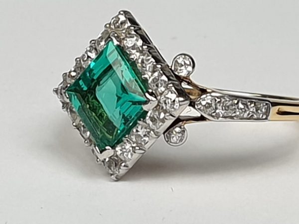 Antique Art Deco Emerald and Diamond Square Cluster Ring