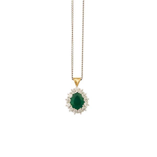 Pear cut Emerald and Diamond Cluster Pendant, 3.31 carats, 18ct Gold