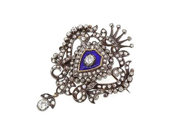 Antique Victorian 4.00ct Old-Cut Diamond and Blue Enamel Brooch