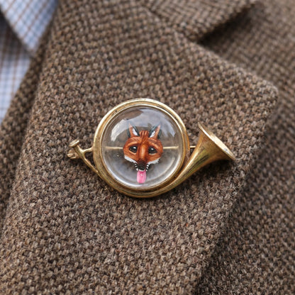 14KT Gold Essex Crystal Fox Hunting Horn Brooch, Circa 1910