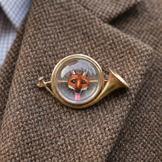 14 ct Gold Essex Crystal Fox Hunting Horn Brooch, Circa 1910