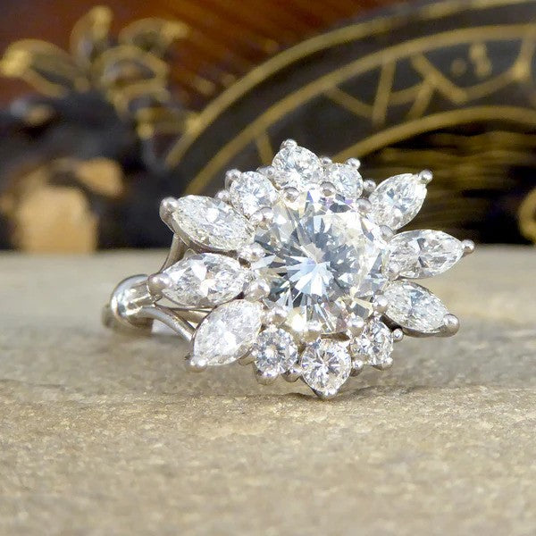 Diamond flower burst cluster ring in white gold