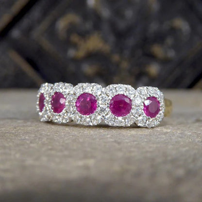 Ruby and diamond cluster ring in gold.