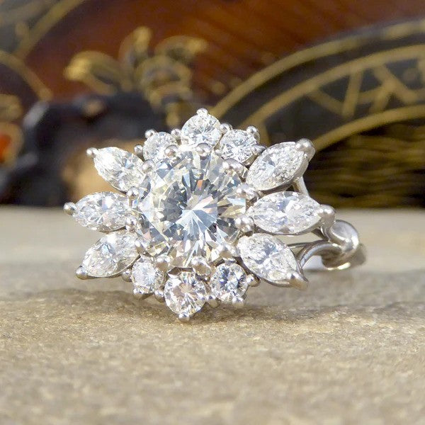 Diamond flower burst cluster ring in white gold