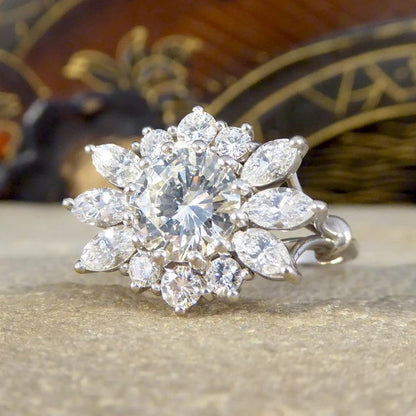 Diamond flower burst cluster ring in white gold
