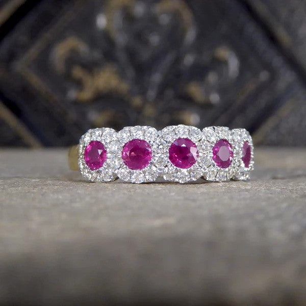 Ruby And Diamond Sextuple Cluster Ring In 18 Carat Yellow And White Gold