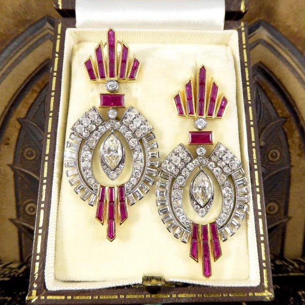 1940's drop earrings with diamonds set in platinum and rubies set in gold.