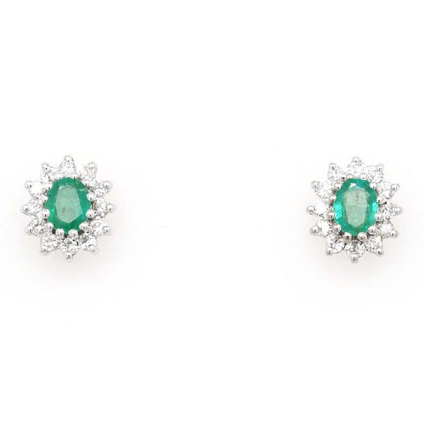 0.60ct Oval Emerald and Diamond Cluster Stud Earrings
