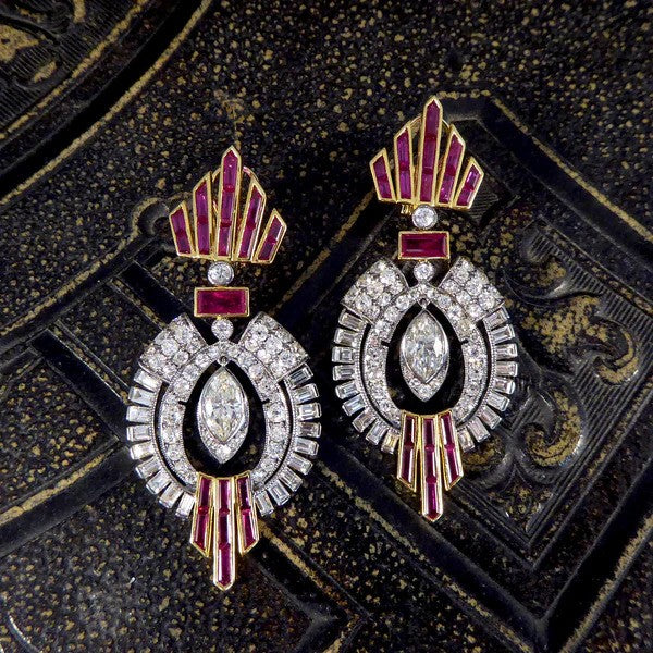 1940's drop earrings with diamonds set in platinum and rubies set in gold.