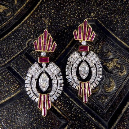 1940's drop earrings with diamonds set in platinum and rubies set in gold.