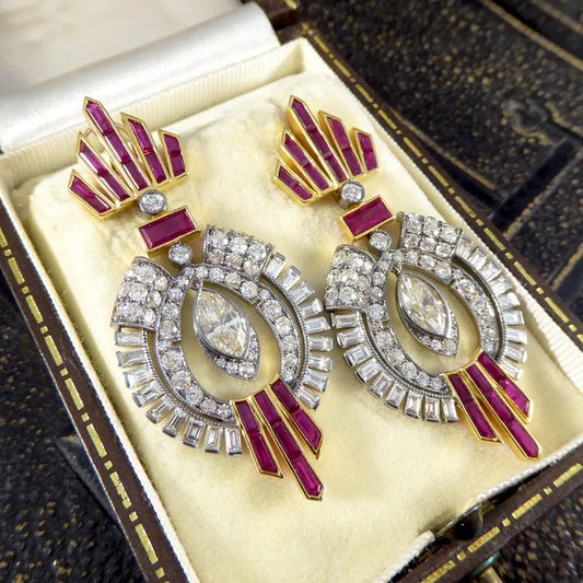 1940's Ruby And Diamond Drop Cocktail Dress Earrings In 18 Carat Gold and Platinum