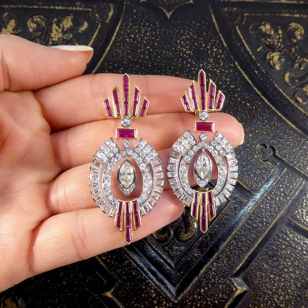 1940's drop earrings with diamonds set in platinum and rubies set in gold.