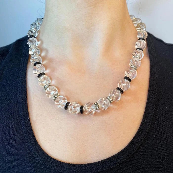 Carved Rock Crystal and Black Onyx Bead Necklace with Diamond Clasp