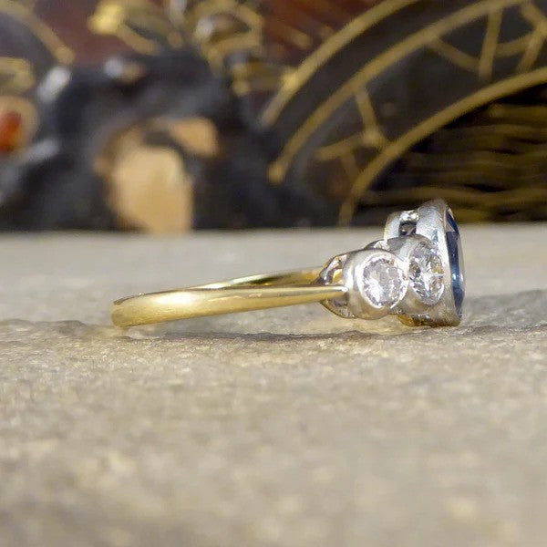 Edwardian sapphire and diamond five stone ring in white and yellow gold.