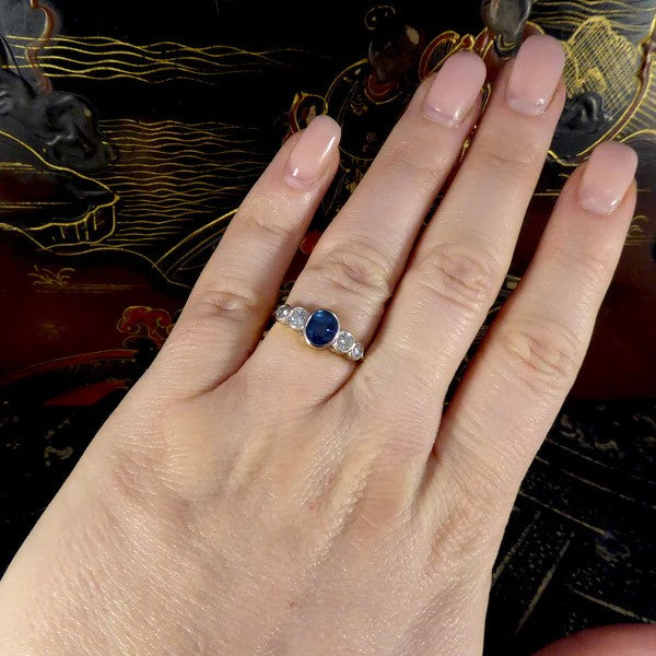 Edwardian sapphire and diamond five stone ring in white and yellow gold.