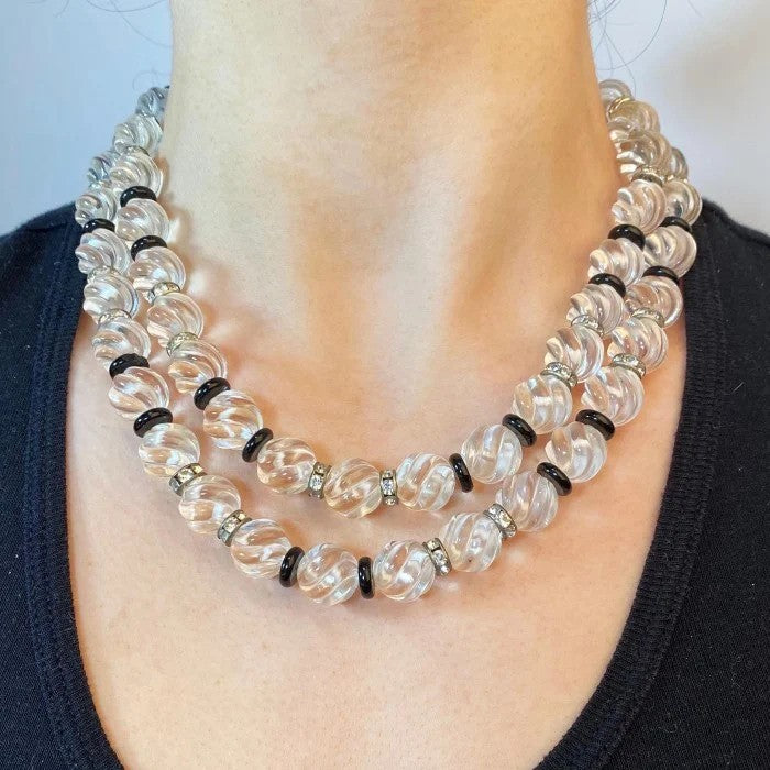 Carved Rock Crystal and Black Onyx Bead Necklace with Diamond Clasp