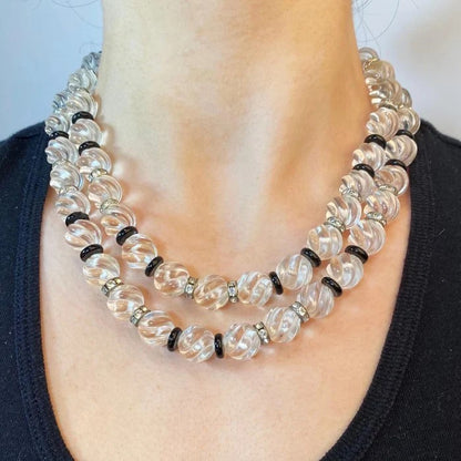Carved Rock Crystal and Black Onyx Bead Necklace with Diamond Clasp