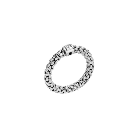 A flexible white gold ring set with a princess cut diamond