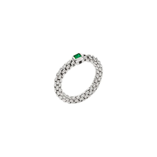 A white gold flexible ring set with a square cut emerald