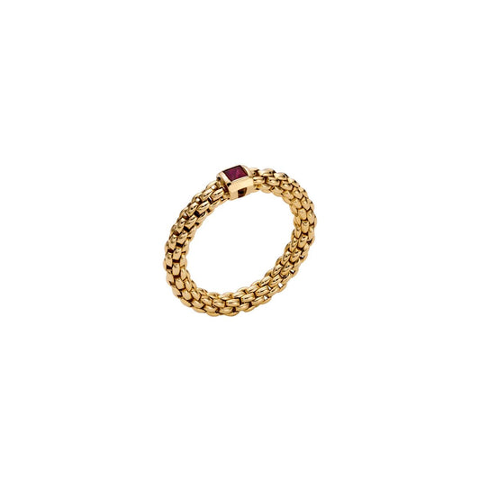 A yellow gold flexible ring set with a square cut ruby