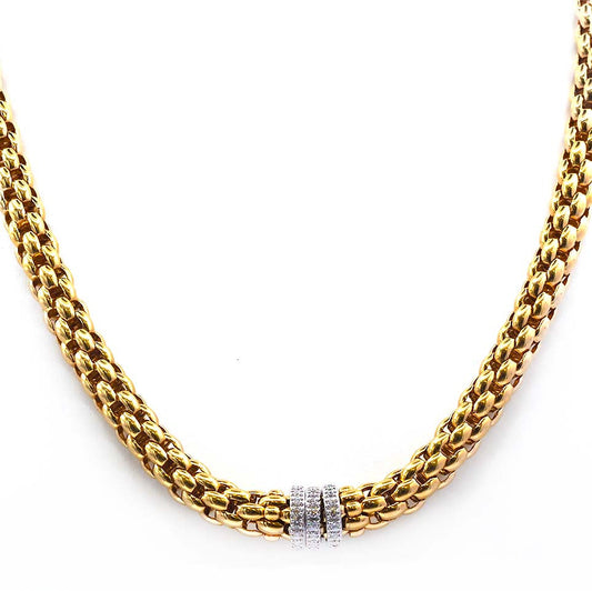 FOPE yellow gold rope necklace with three white gold diamond set rondels