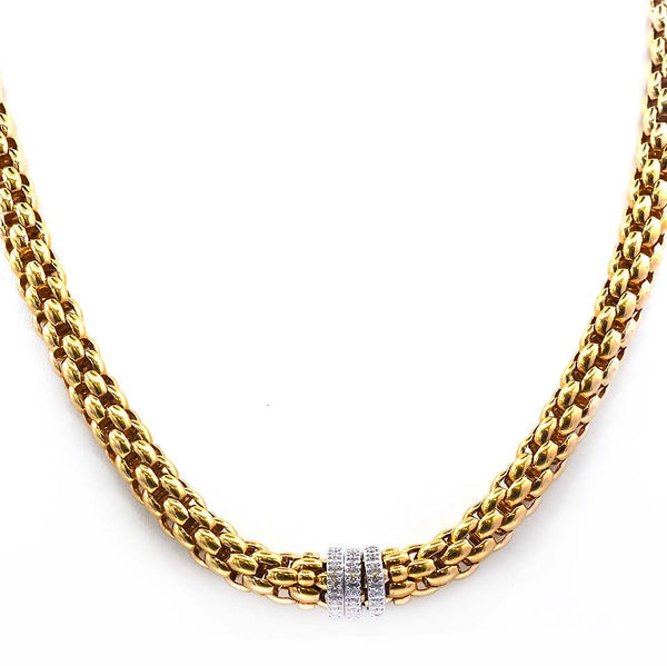 FOPE yellow gold rope necklace with three white gold diamond set rondels