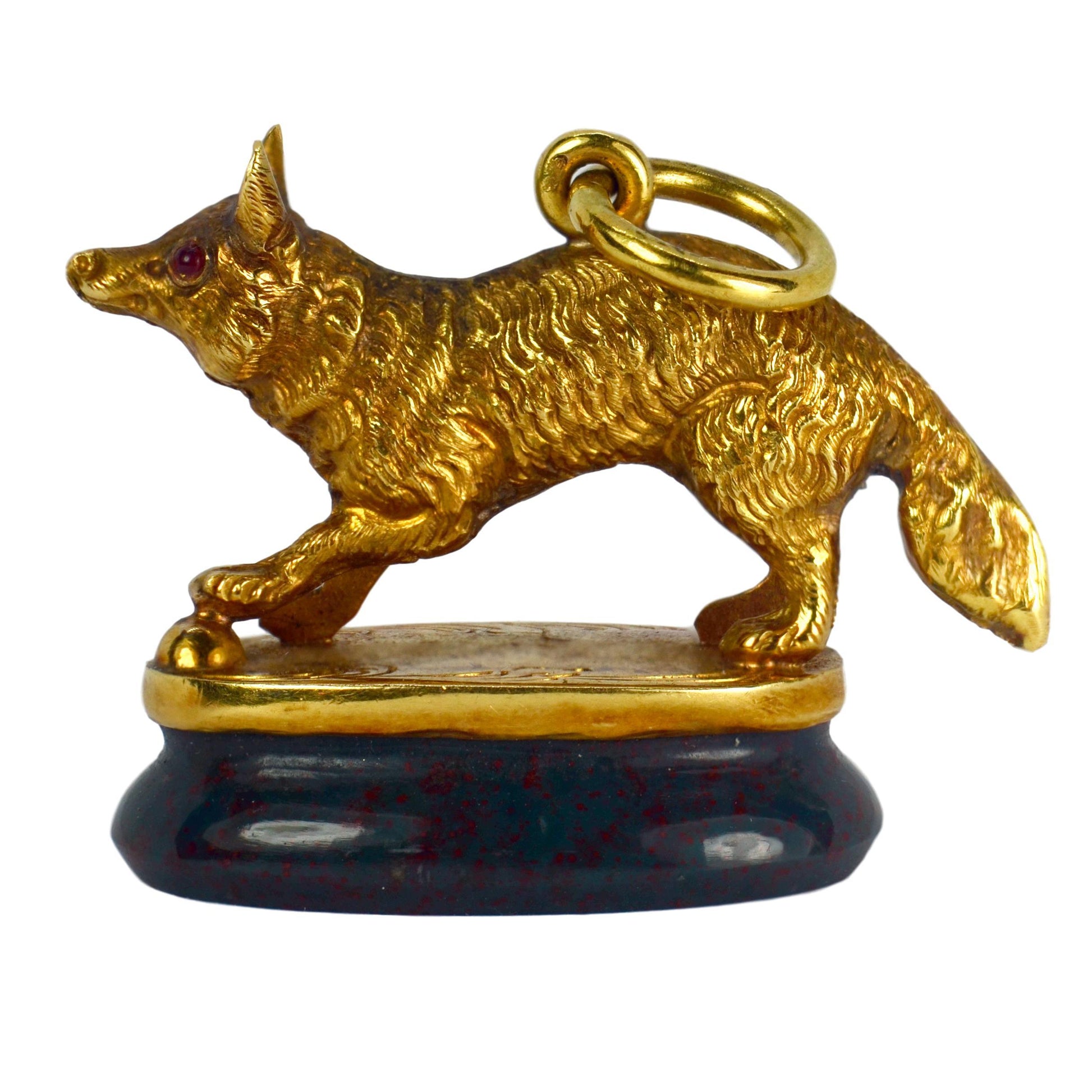 French Ruby and 18ct Yellow Gold Bloodstone Fox Seal Charm Pendant