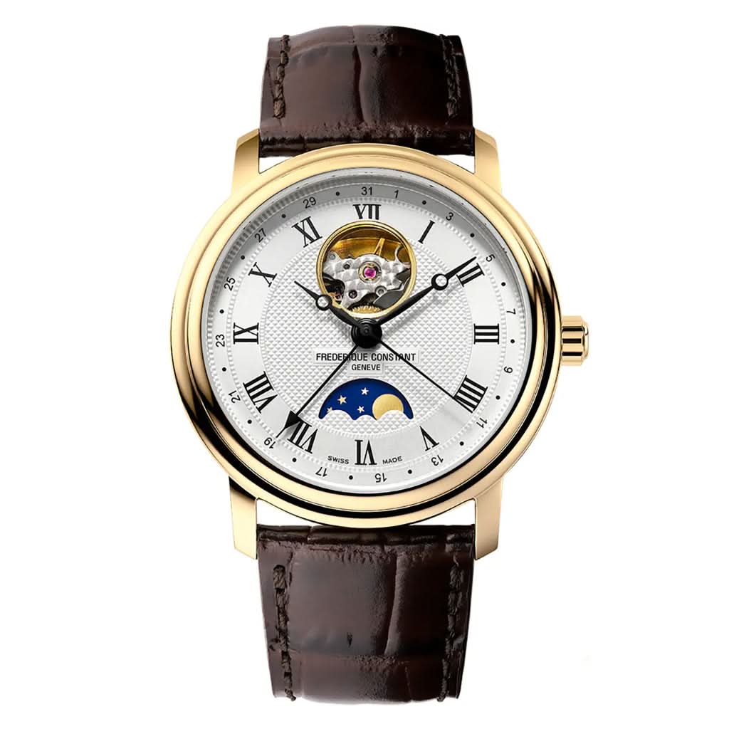 Frederique Constant Classics Heartbeat Moonphase Date Automatic Gold PVD Watch on brown leather strap FC-335MC4P5