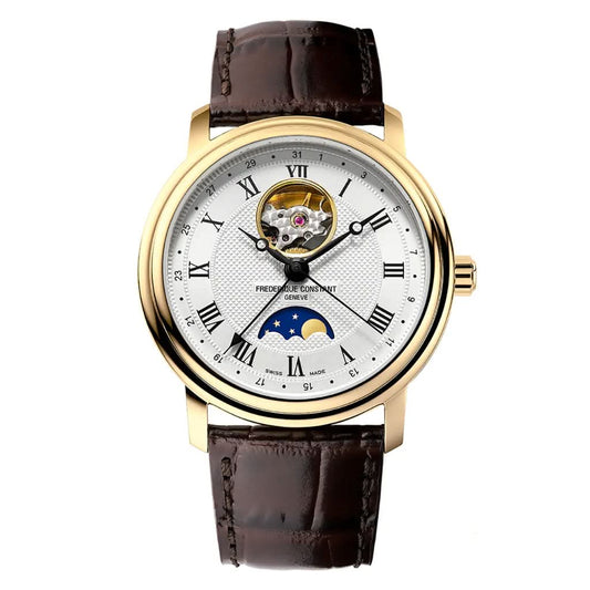 Frederique Constant Classics Heartbeat Moonphase Date Automatic Gold PVD Watch on brown leather strap FC-335MC4P5