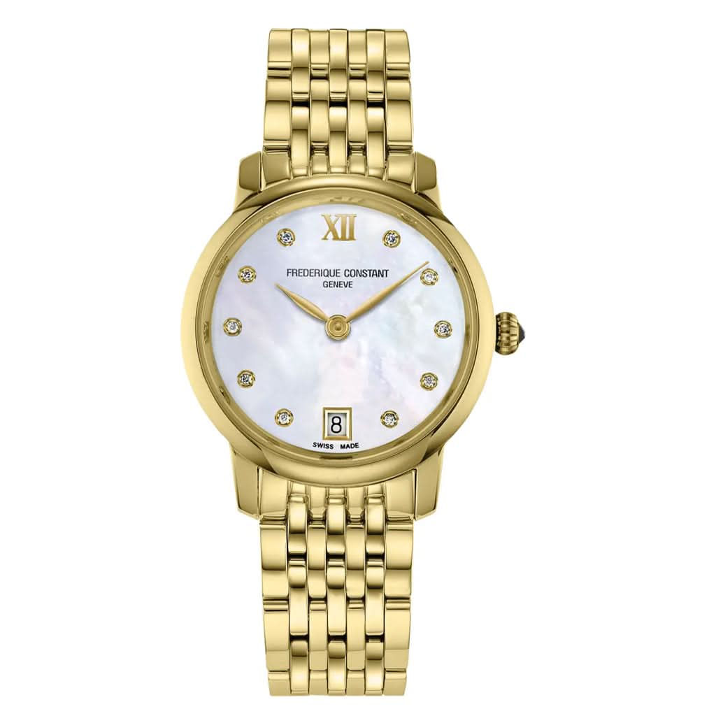 A Frederique Constant Classics Slimline Diamond Quartz Date Watch, gold plated, on a bracelet