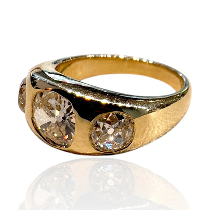 Chunky 2.82ct Old Cut Diamond Trilogy Three Stone Gypsy Ring in 18ct Yellow Gold