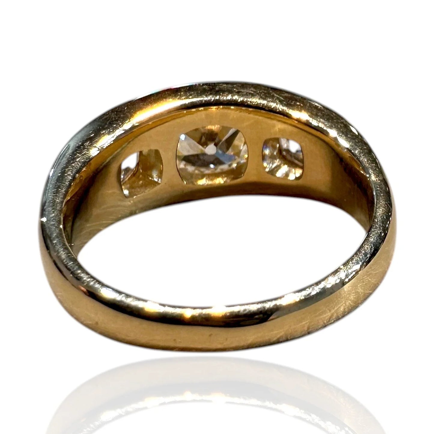 Chunky 2.82ct Old Cut Diamond Trilogy Three Stone Gypsy Ring in 18ct Yellow Gold